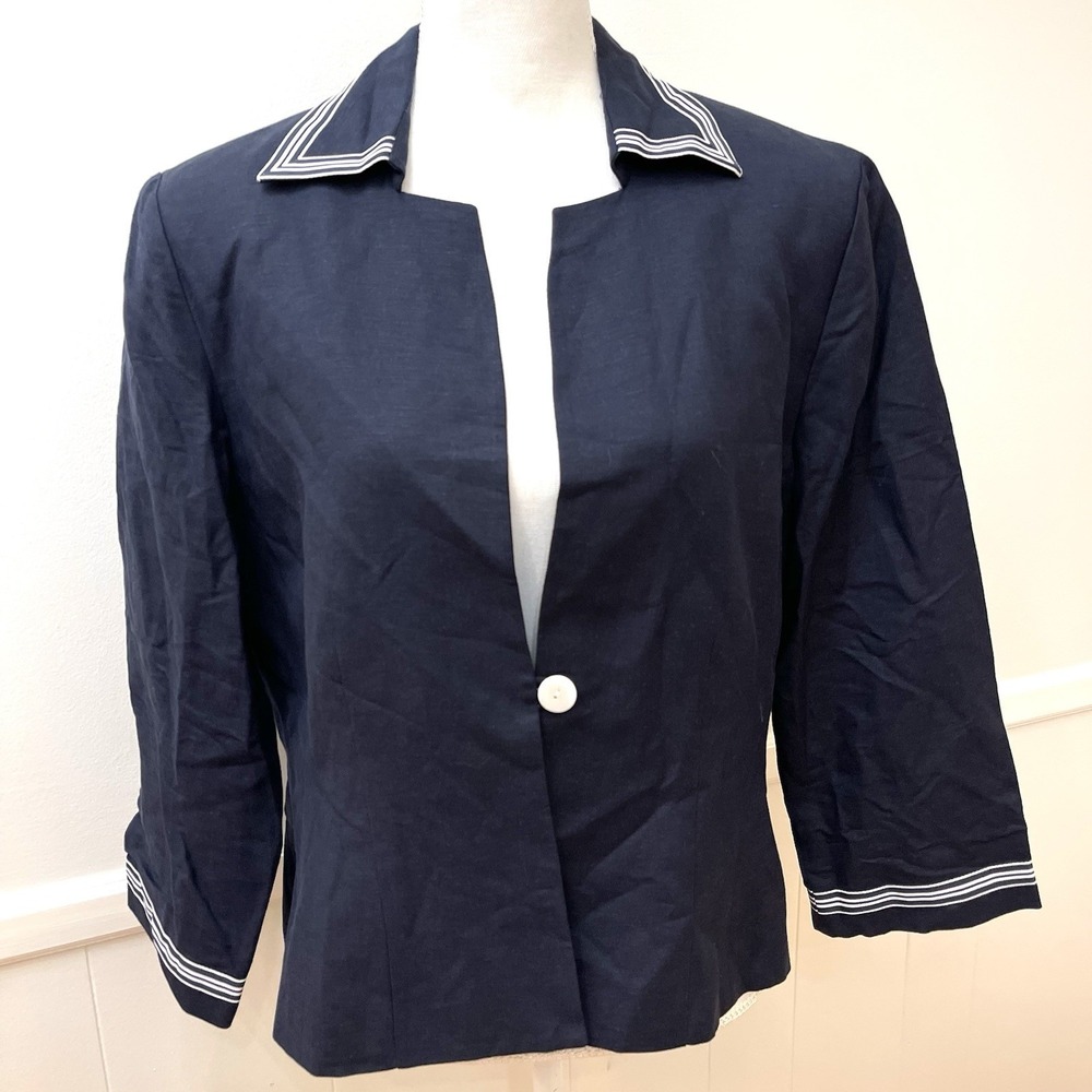 Coldwater Creek Navy Linen Blend 3/4 Sleeve Blazer Jacket Size 14 NWT $99